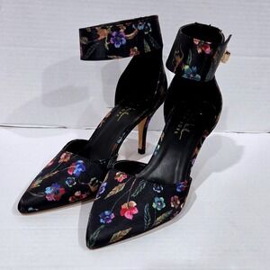 Nicole Miller New York Brandy1 Floral Ankle Strap Pumps Black Satin Heels 8M